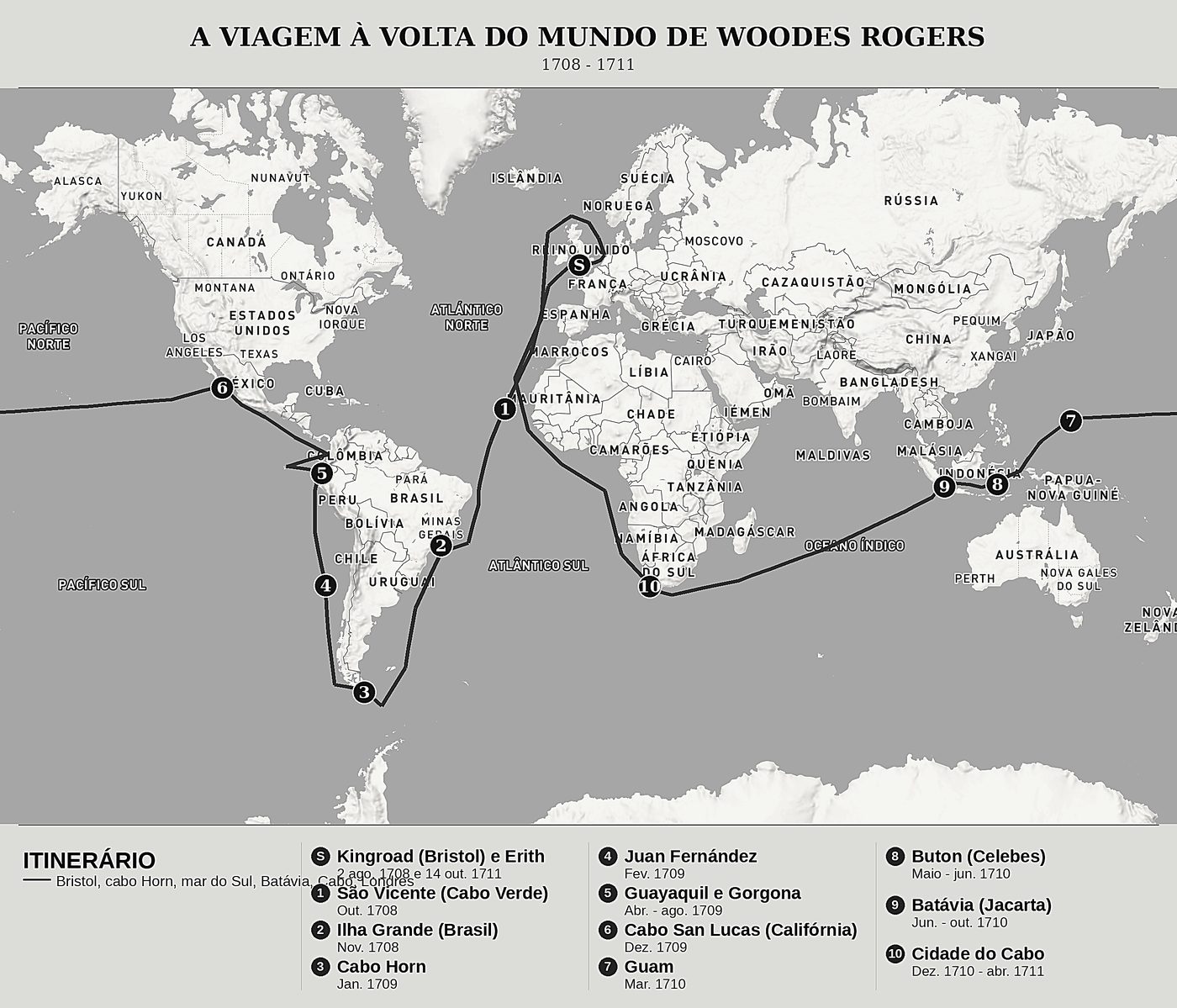 Mapa geral de Viagem à volta do mundo de Woodes Rogers, norte em cima: 1708 - 1711.