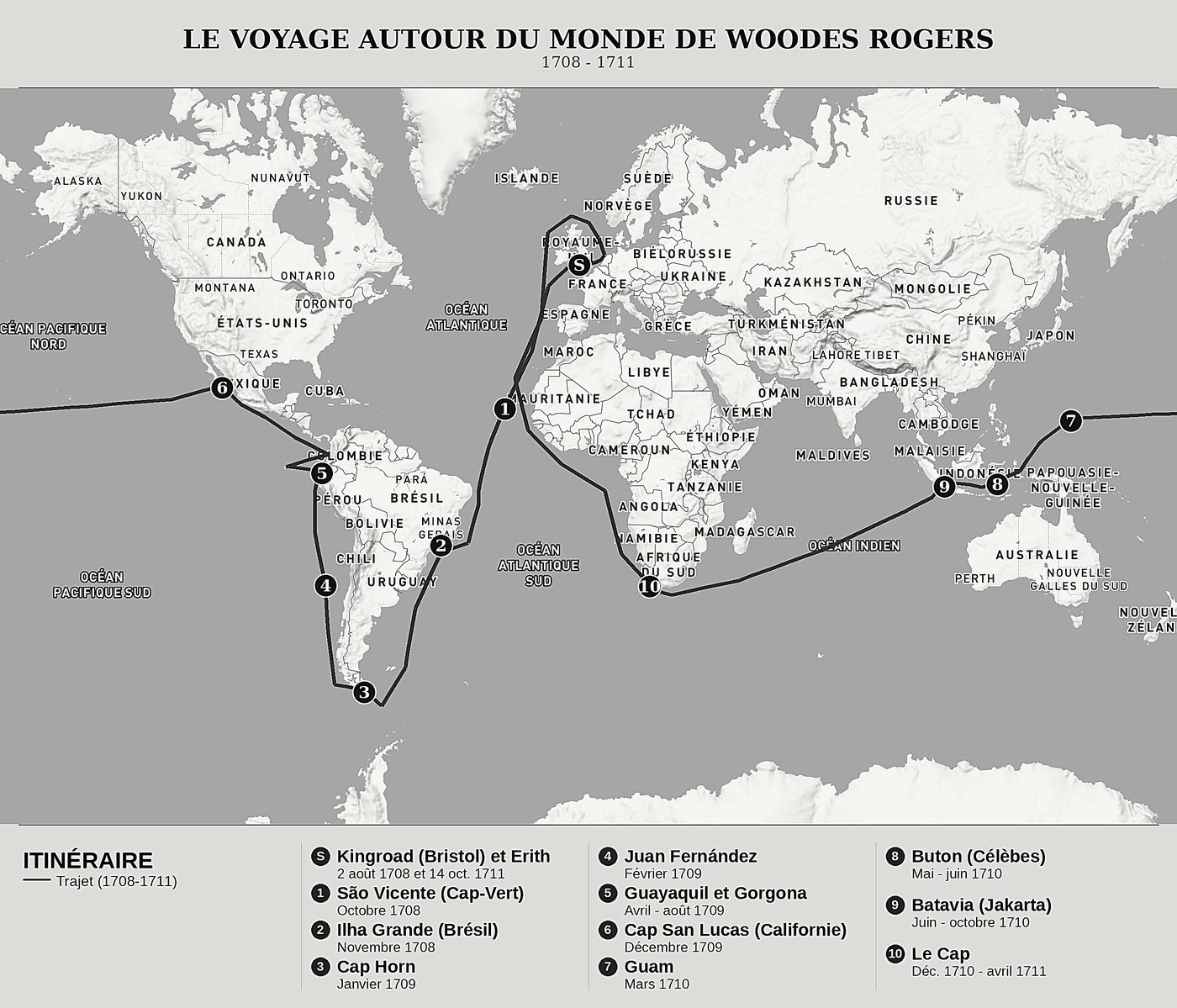 Carte d'ensemble de Voyage autour du monde de Woodes Rogers, nord en haut : 1708 - 1711.