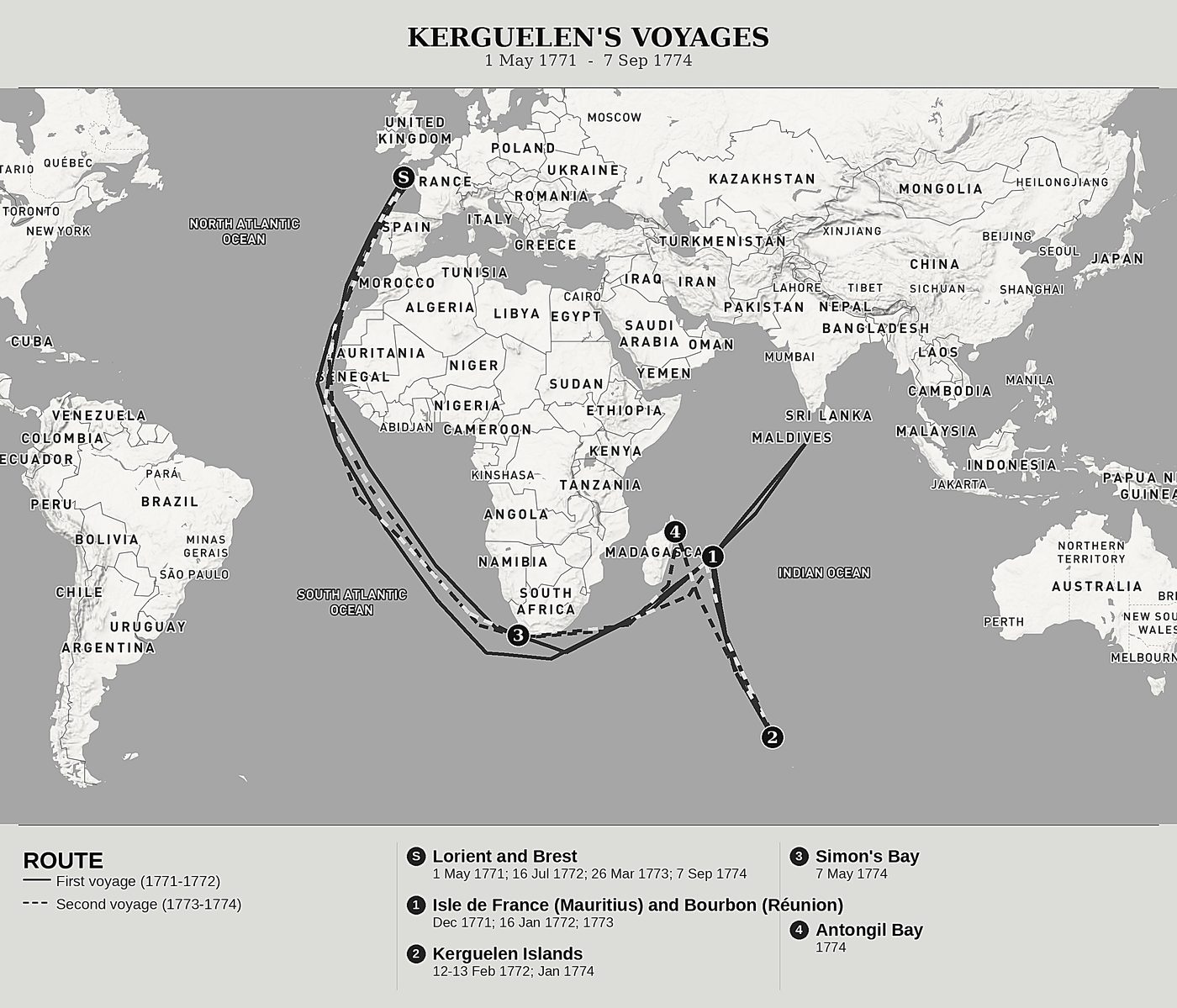 Overview map of Account of Two Voyages in the Southern Seas and the Indies by Yves-Joseph de Kerguelen de Trémarec, north at top: 1 may 1771  -  7 sep 1774.