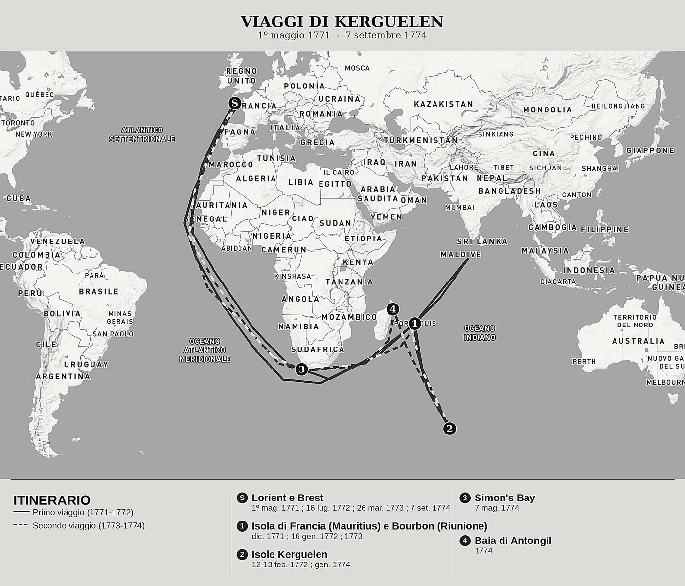 Mappa d'insieme di Relazione di due viaggi nei mari australi e nelle Indie di Yves-Joseph de Kerguelen de Trémarec, nord in alto: 1º maggio 1771  -  7 settembre 1774.