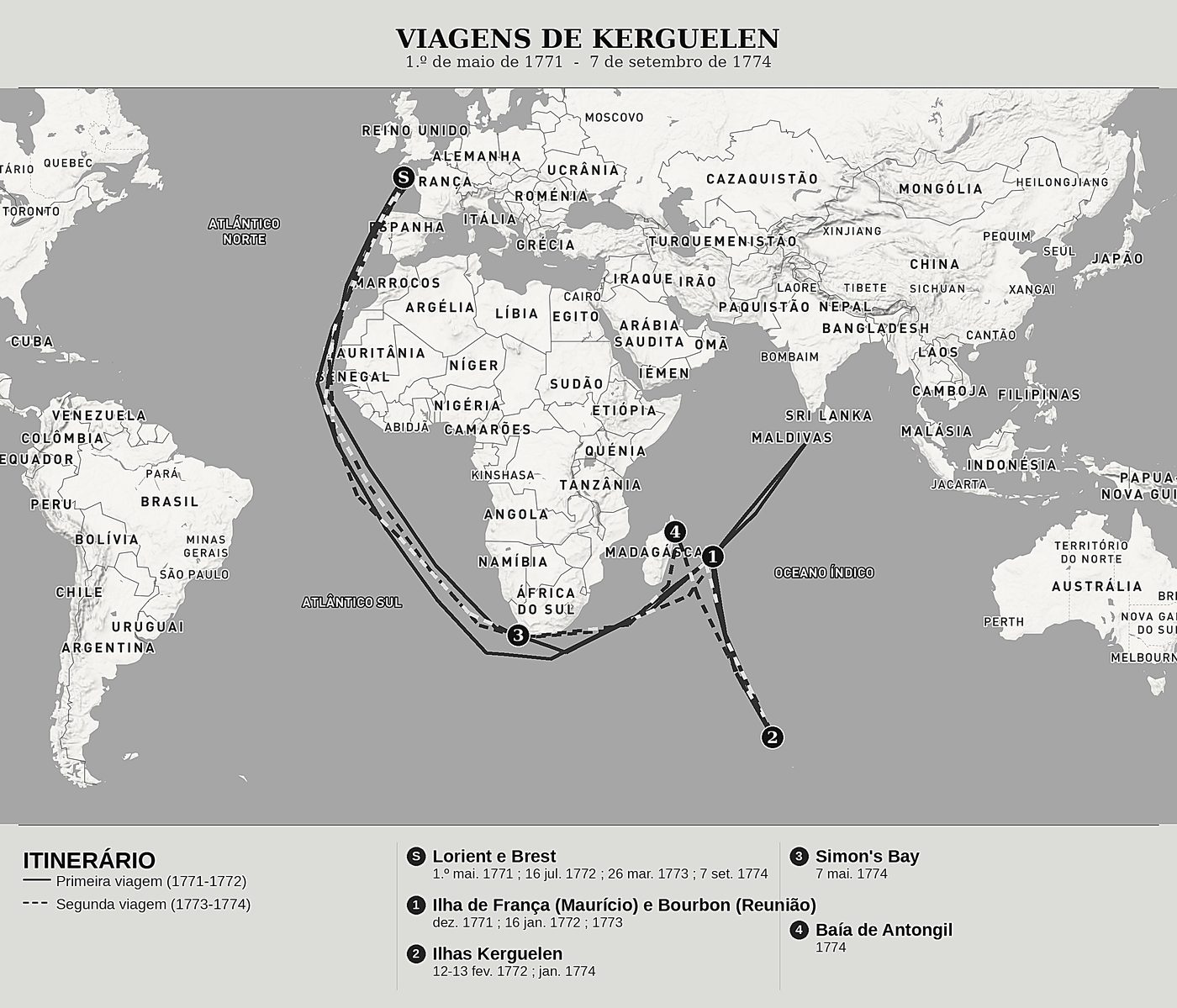 Mapa geral de Relação de duas viagens aos mares austrais e às Índias de Yves-Joseph de Kerguelen de Trémarec, norte em cima: 1.º de maio de 1771  -  7 de setembro de 1774.
