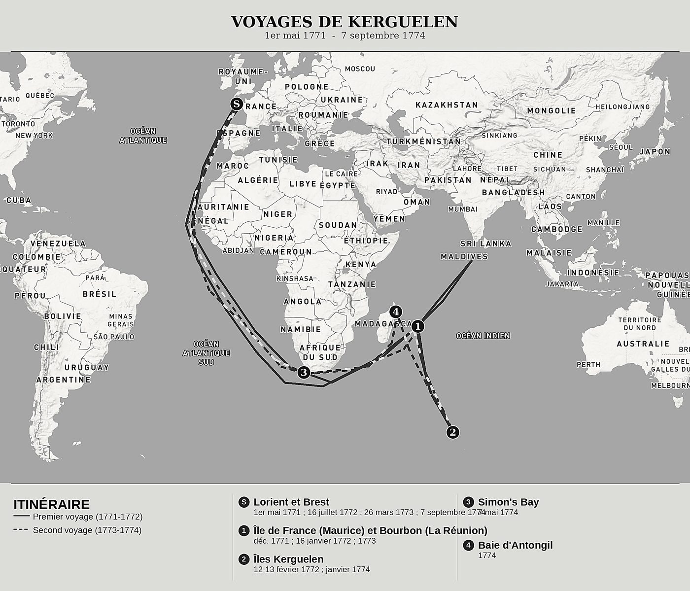 Carte d'ensemble de Relation de deux voyages dans les mers australes et des Indes de Yves-Joseph de Kerguelen de Trémarec, nord en haut : 1er mai 1771  -  7 septembre 1774.